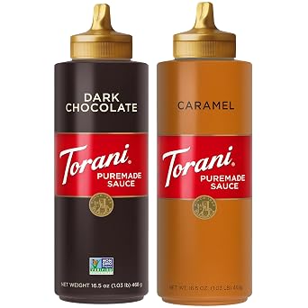 Torani Puremade Caramel and Dark Chocolate Sauce Variety 2-Pack for Desserts and Coffee Drinks, 16.5 Oz Ea