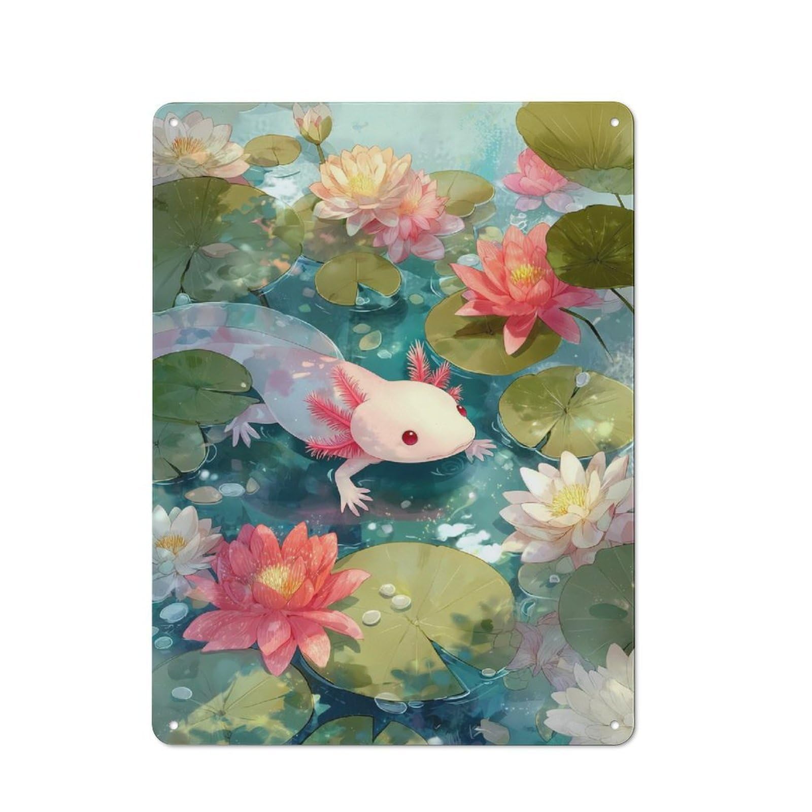 Junmoney Axolotl In A Lily Pond Tin Wall Plaque 40X30cm With For Home Office Or Studio, A New Home Present For Creative Workspace Decorators