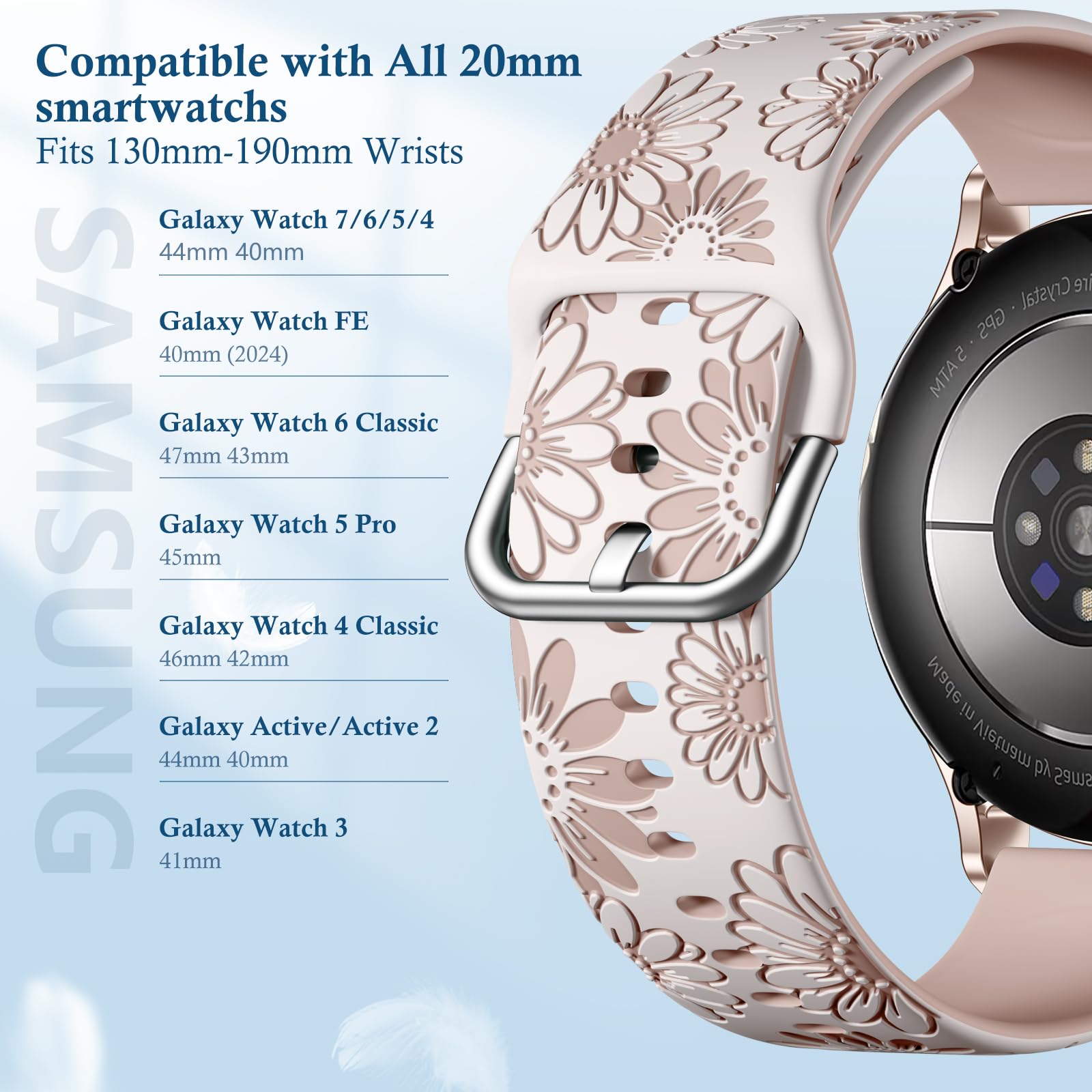 Netolo Bransoletka z grawerowanym wzorem kwiatowym, kompatybilna z Samsung Galaxy Watch 7 6 5 4 (40 mm/ 44 mm), Galaxy Watch 6 4 Classic / 5 Pro 45 mm/ FE/Active 2, 20 mm, miękki silikonowy pasek dla
