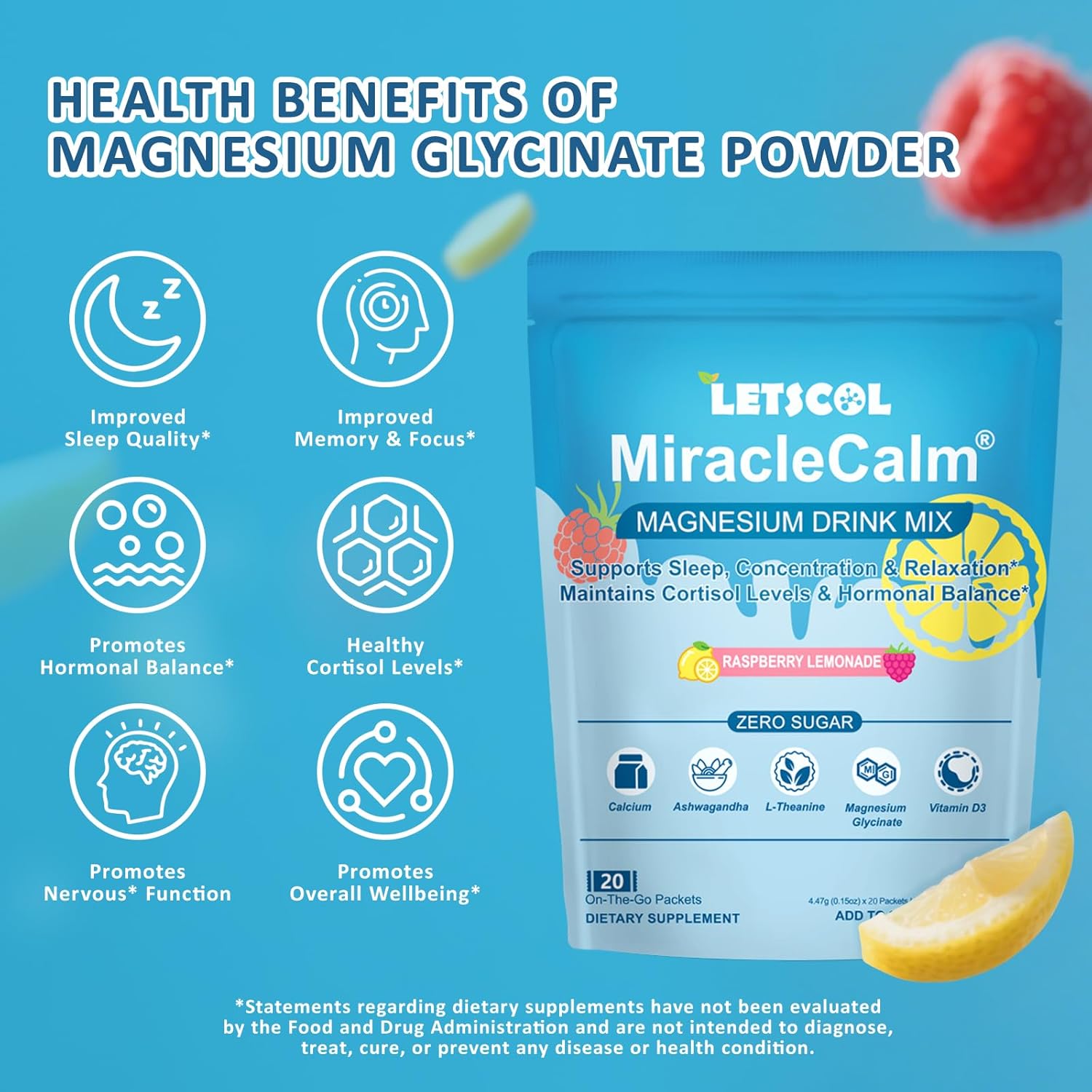 MiracleCalm Drink Mix Powder, Calm Magnesium Calcium Supplement, Cortisol Drink Powdered for Sleep, Relaxed & Focus with Easily Absorbed L-Theanine, Vitamin D3, Ashwagandha, Sugar Free (20 Packs) - Image 3