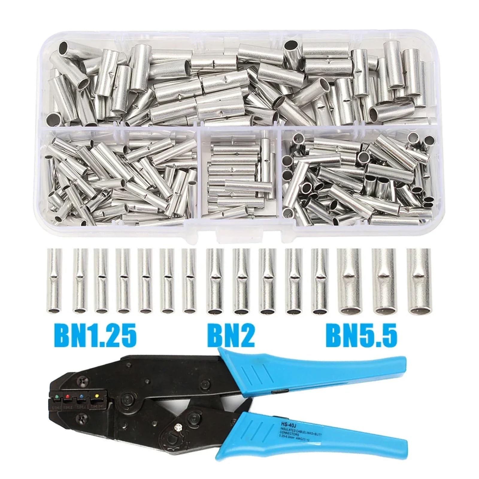 BN Cable eléctrico de Cobre, conexión de Cable, Manguito de engarzado, Conector de Terminal de virola Tubular, Terminal de Empalme a Tope de Tubo no Aislado(200pcs and HS-40J)