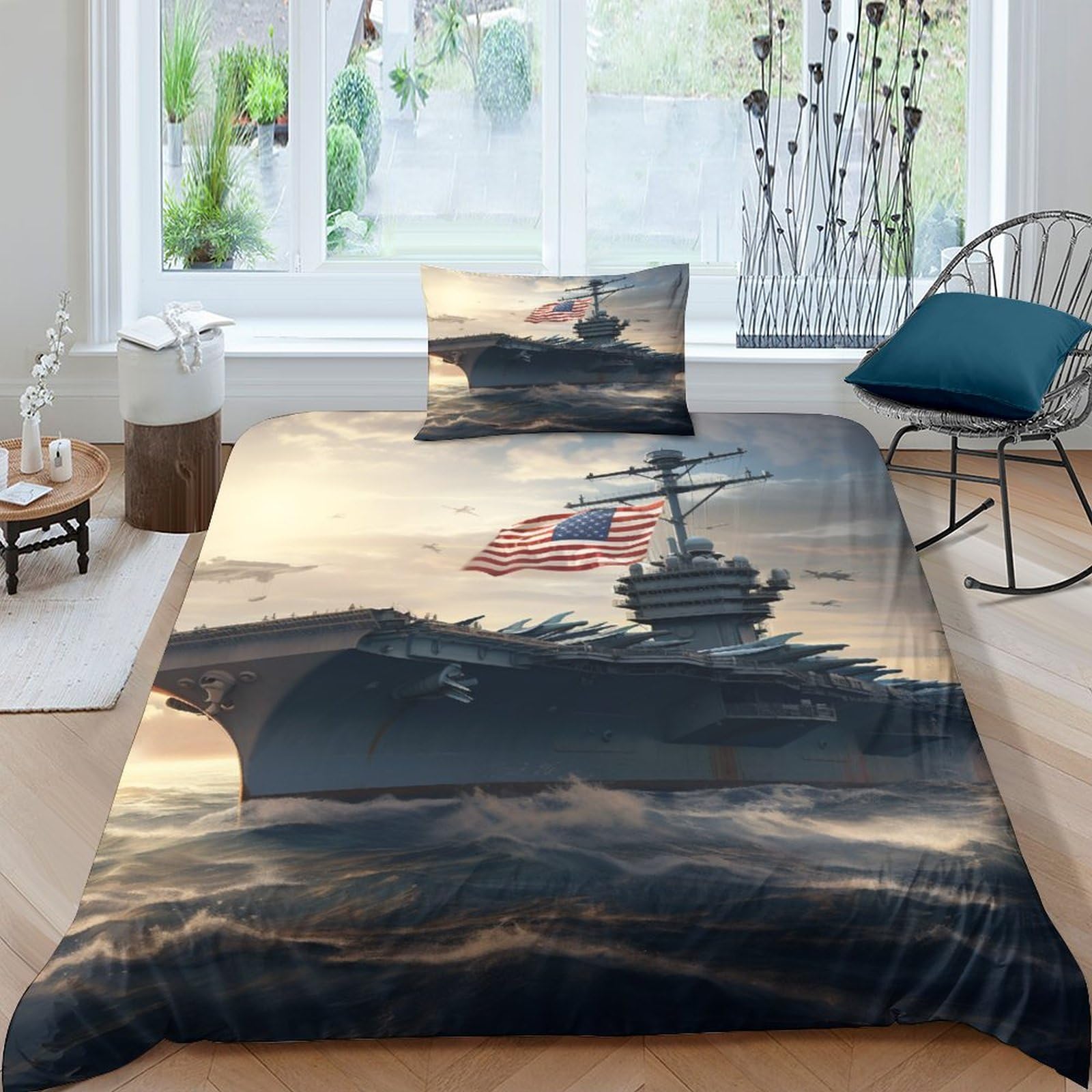 GEEYOU Aircraft Carrier Finesse Warship Bedding Set Hidden Zipper Duvet Cover Set with Pillowcases Quilt Cover Set Sleeping Aid Comforter Cover Various Sizes for Kids Adults Single（135x200cm）