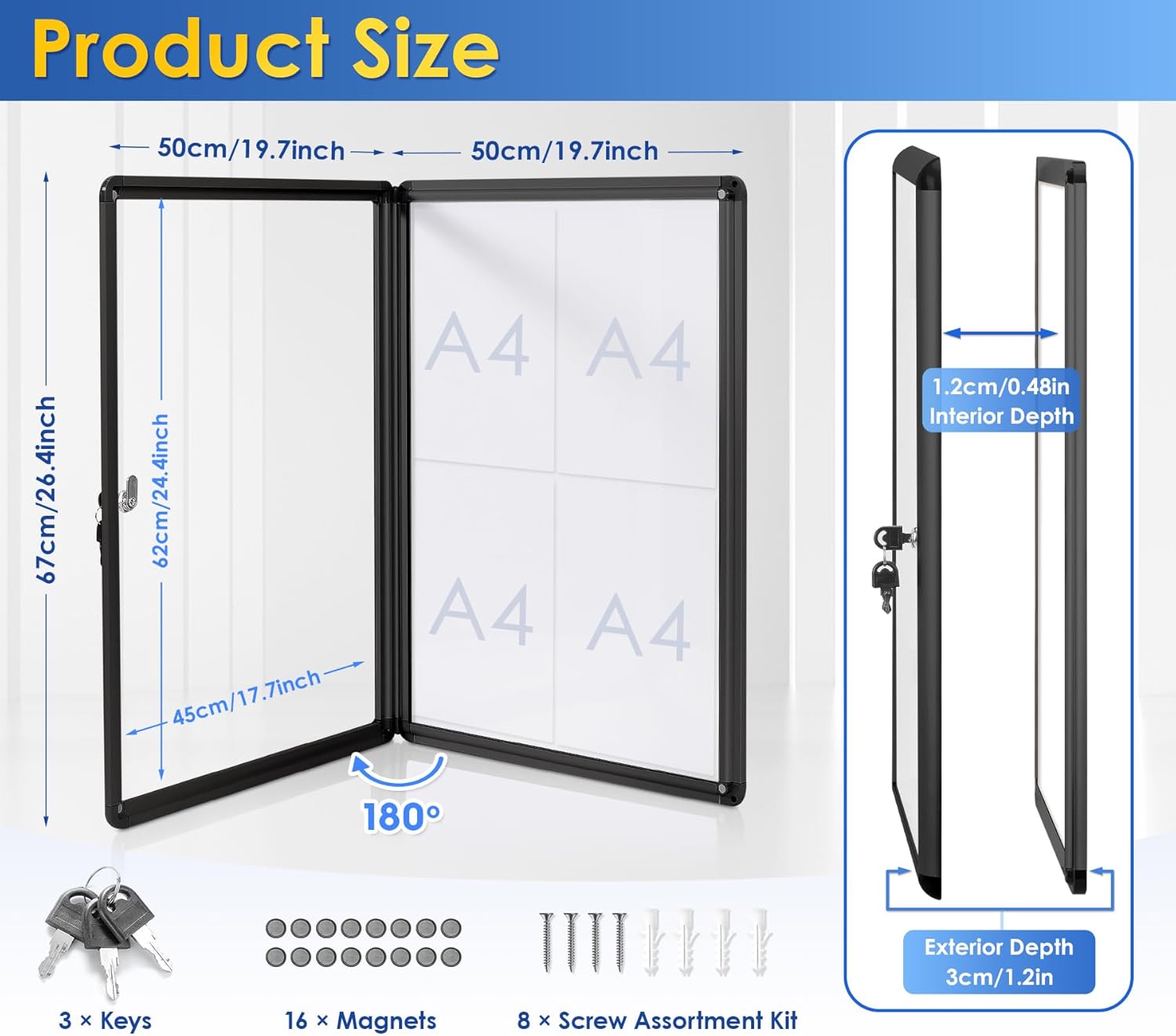 SWANCROWN Enclosed Notice Board Magnetic Bulletin Boards for Office with Locking Door,Black Frame, 26x20in (4XA4)