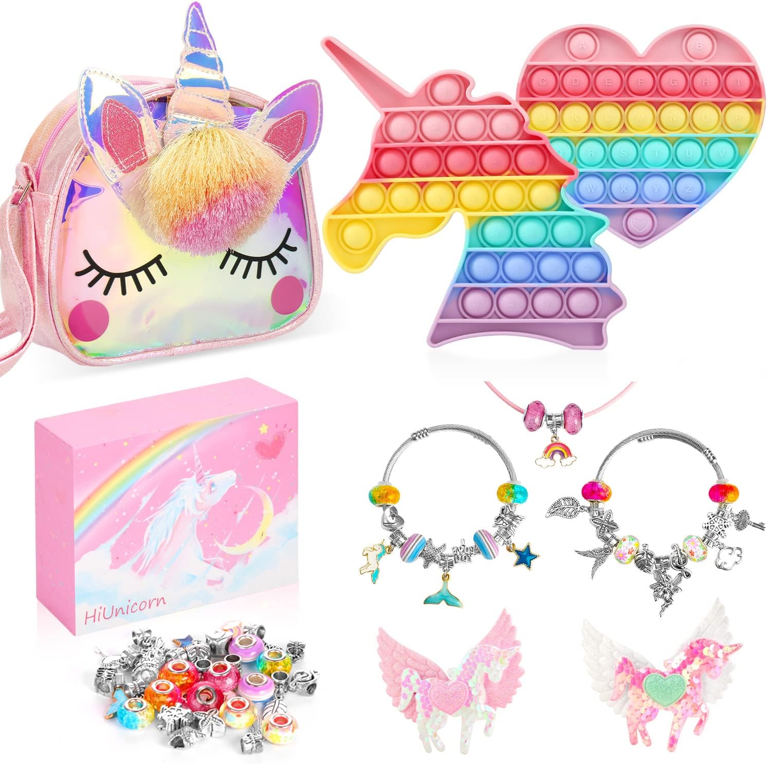 HiUnicorn Girls Unicorns Crafts Gifts Toys Set for Age 4-8 with Unicorn Cross Body Purse, Jewelry Making Kit Big Beads Charms Bracelets Necklace DIY, Rainbow Unicorn & Heart Pop Toys with Gift Box