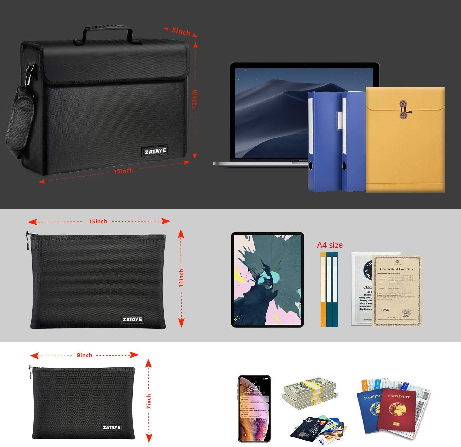 Fireproof Document Bags, (17” x 12” x 5”) X Large Fireproof Safe Bag, Fireproof Waterproof Storage Pouch with Zipper, Non-Itchy Silicone Fireproof Envelope for Documents, Money and Valuables - 3 Pack - - 