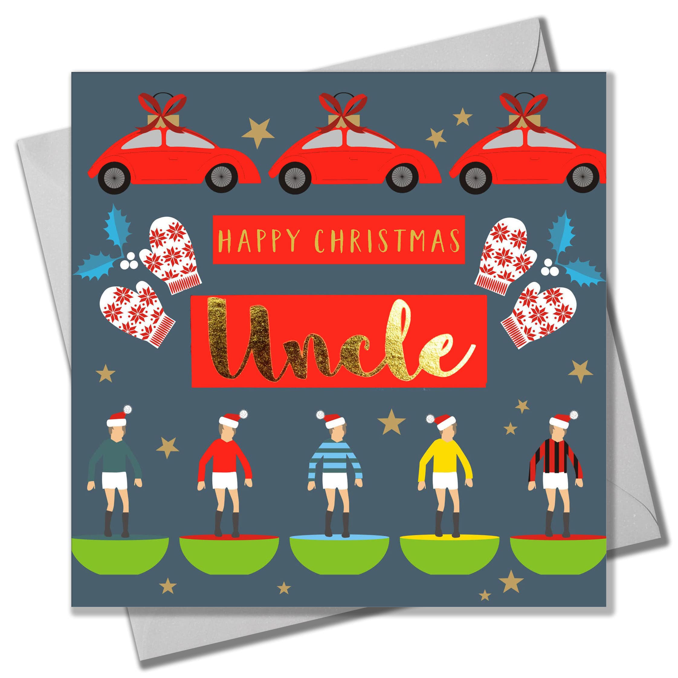 Claire Giles Greeting Cards, Happy Christmas Uncle Card, Subbuteo & Cars design xmas Greeting Card, Text Foiled in Shiny Gold