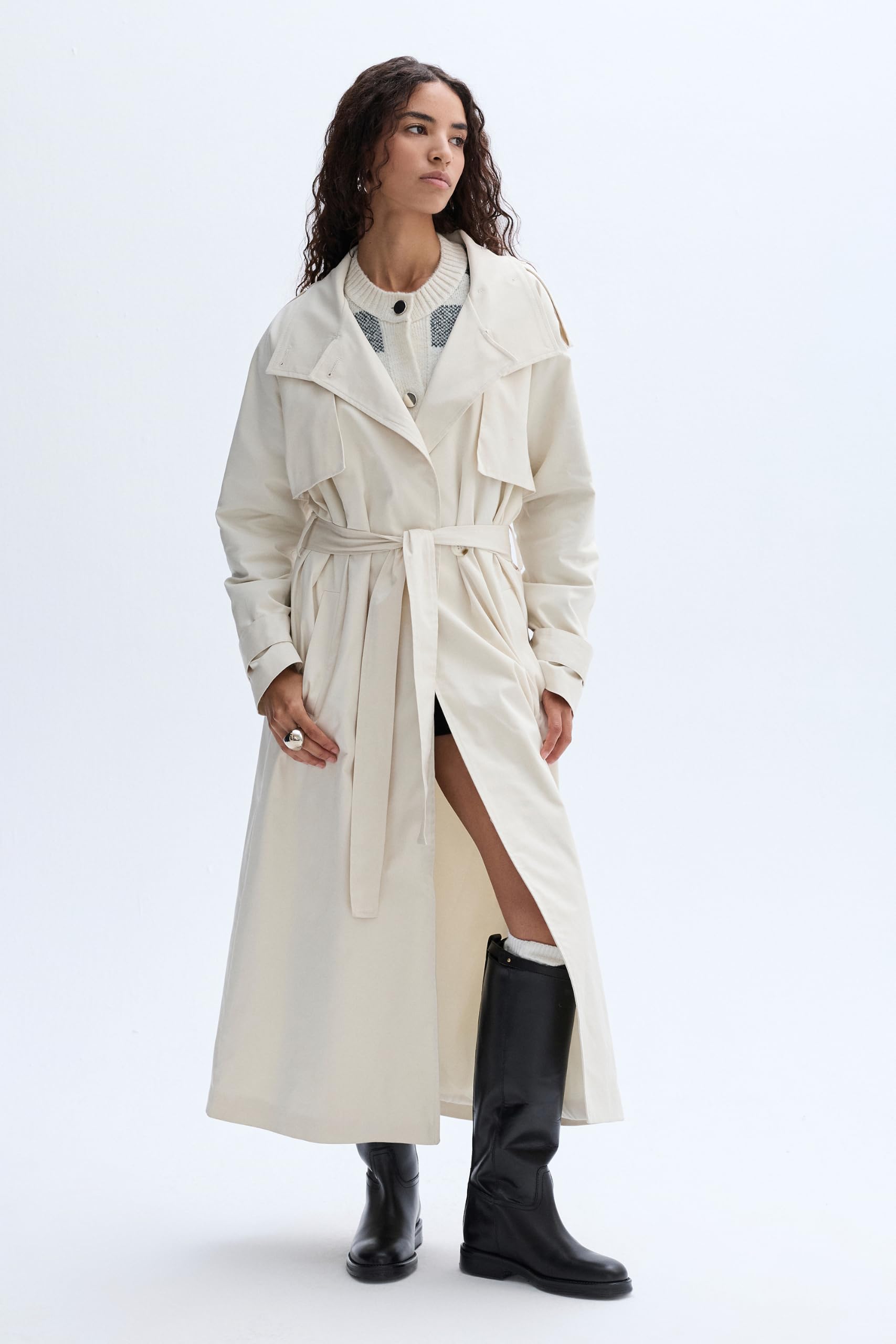 Kadın Ekru Bağlamalı Uzun Oversize Trençkot