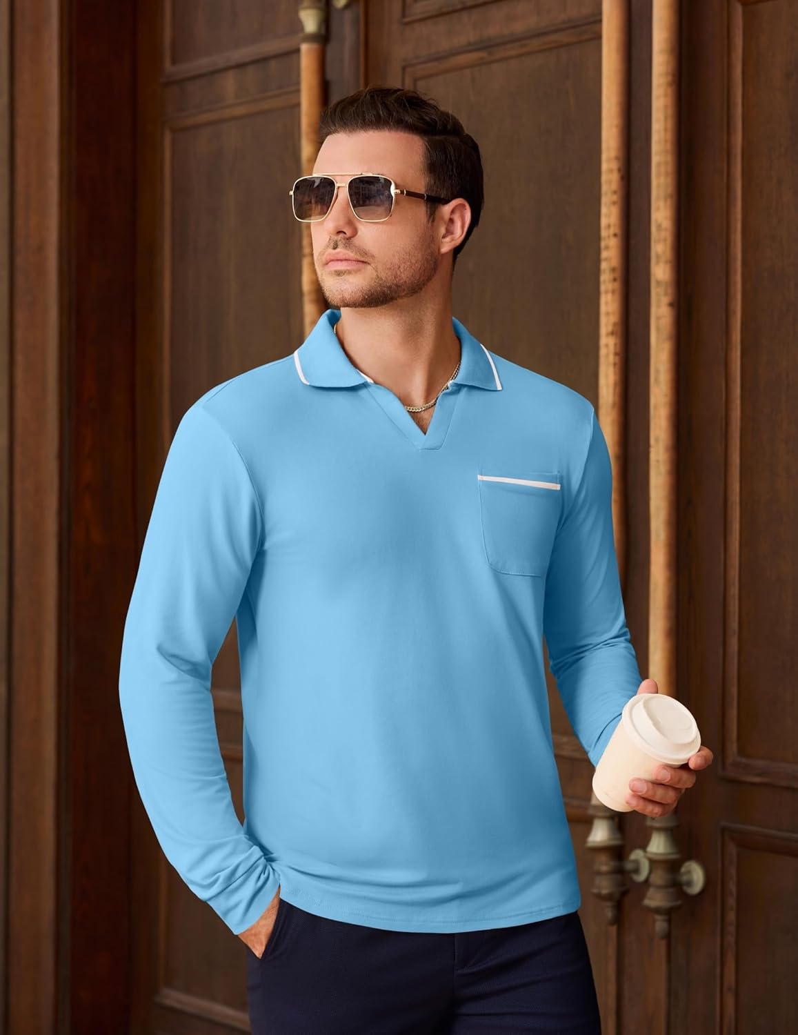 Aulemen Men's V-Neck Polo Shirts Long Sleeve Casual Collared T Shirts Fashion Golf T-Shirts with Pocket - Image 4