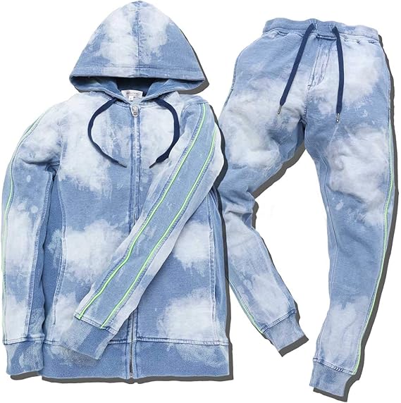 Amazon Slow Easy タイダイ染め 蛍光ライン カットデニム セットアップ メンズ ジップパーカー ジョガーパンツ ウエストゴム 伸縮性 チャック付き カジュアルファッション スポーティーファッション 西海岸 ジーンズ 通販