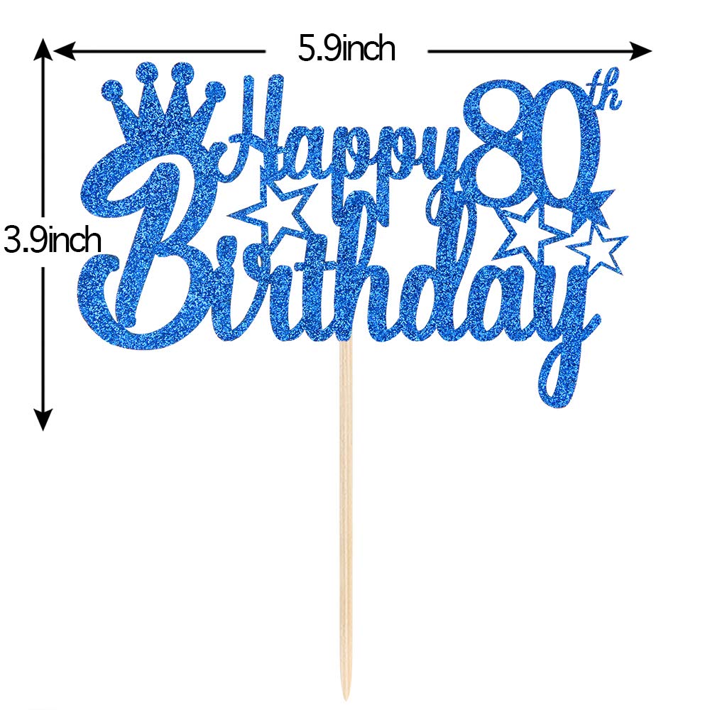 Blue Glitter Happy 80th Birthday Cake Topper for Cheers to 80 Years/Men Queen's Birthday 80th Years Blessed Anniversary Party Decorations Supplies - High Grade Color