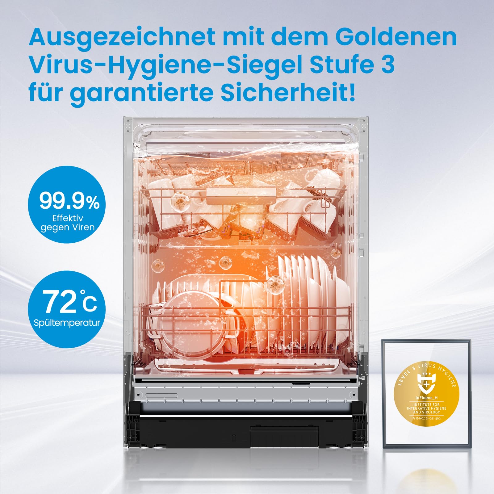 Midea Geschirrspüler 60cm Unterbau 14 Maßgedecke Teilintegrierbar mit WiFi Extra Trocknung 42dB Inox