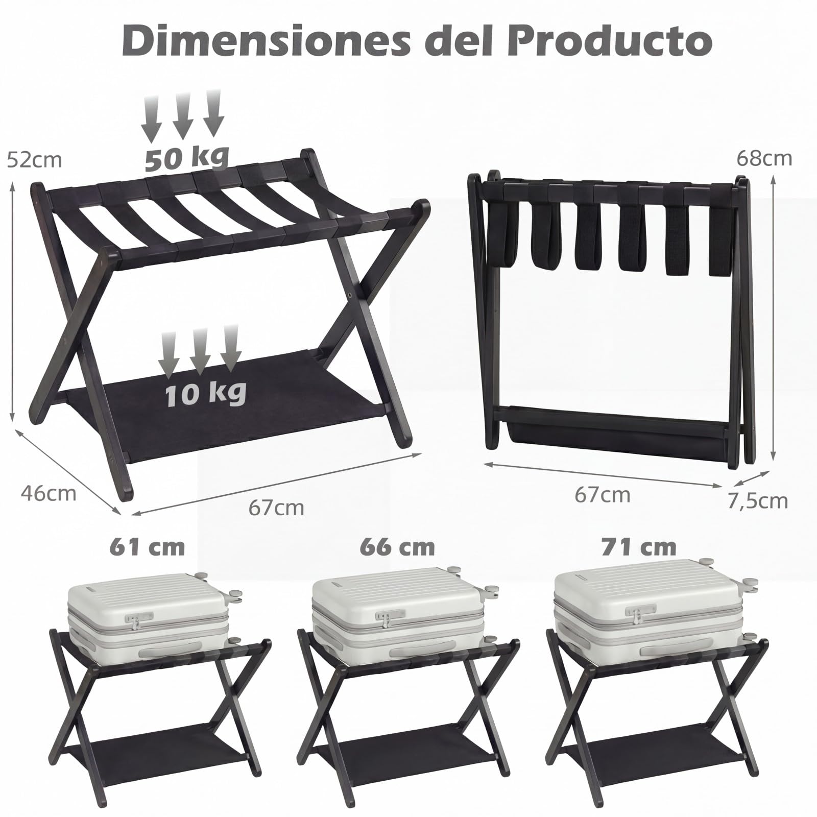 GYMAX Portaequipajes Plegable, Soporte para Maletas de Madera de Caucho Maciza con 2 Niveles de Almacenamiento, Estantes de Nailon, para Habitación de Invitados, Dormitorio, 67 x 46 x 52 cm (Negro)