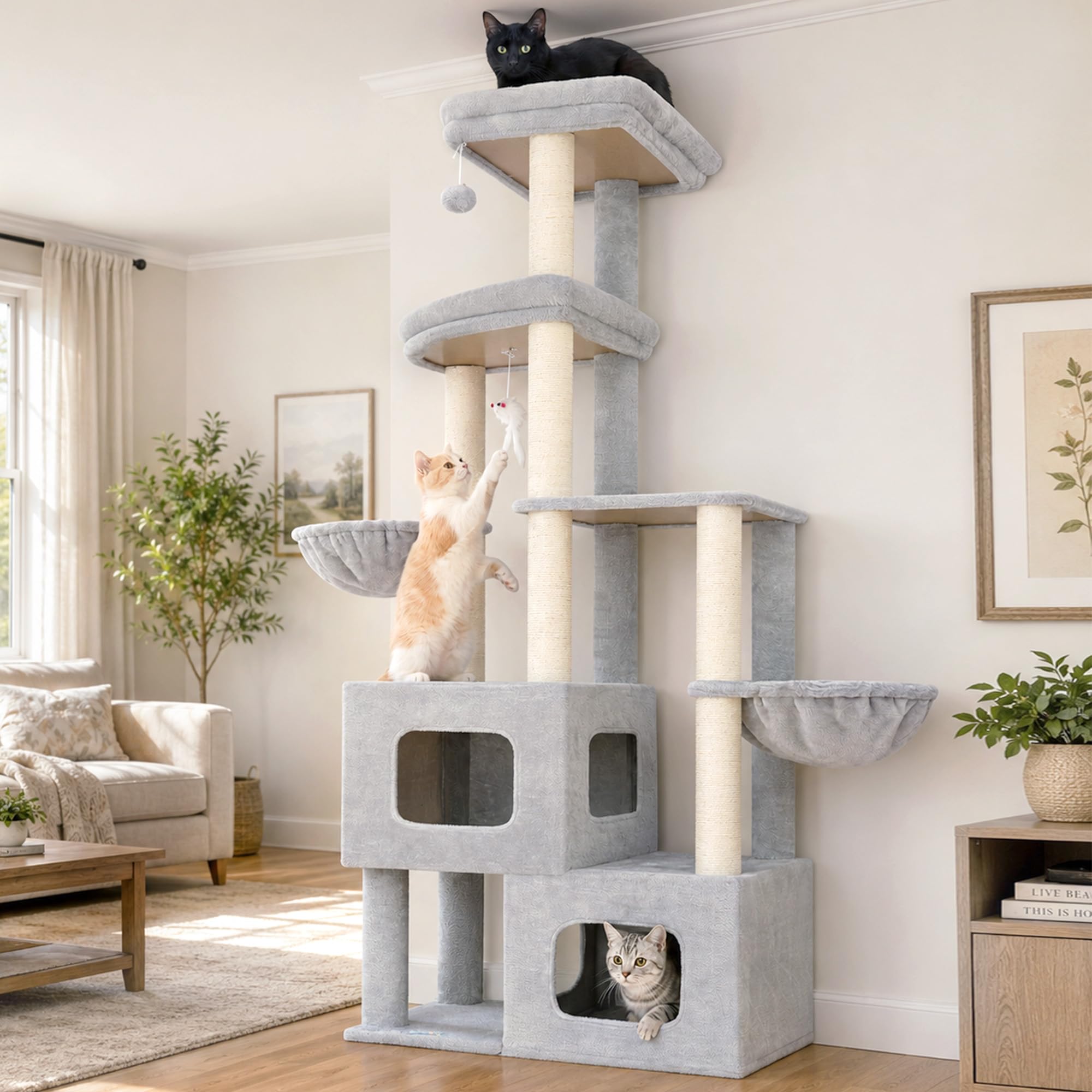 Gitelsnour Kratzbaum stabil, 181 cm hoher Katzenbaum für große Katzen mit 2 Katzenhöhlen, 3 Aussichtsplattformen und 2 Hängekörben, vollverkleidete Sisal-Kratzsäulen & Spielzeuge, Hellgrau GCT801W
