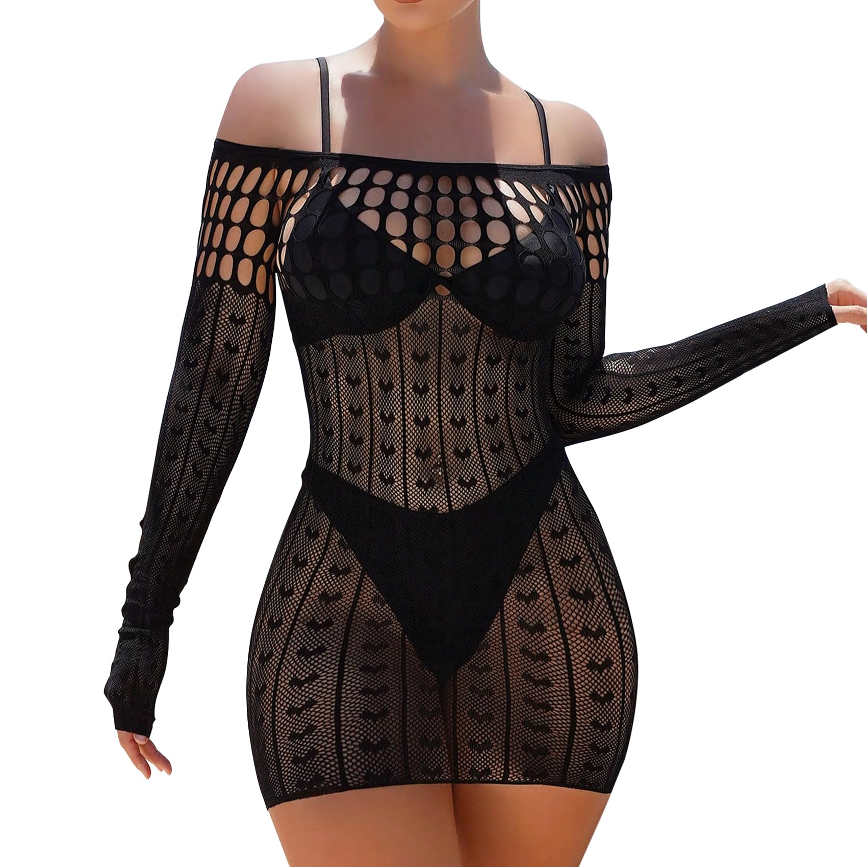 Famstar Sexy Lingerie for Women Naughty Fishnet Lingerie Set Bodysuit Outfits Erotic Sheer Mesh Teddies: One Size Black Bodysuit2