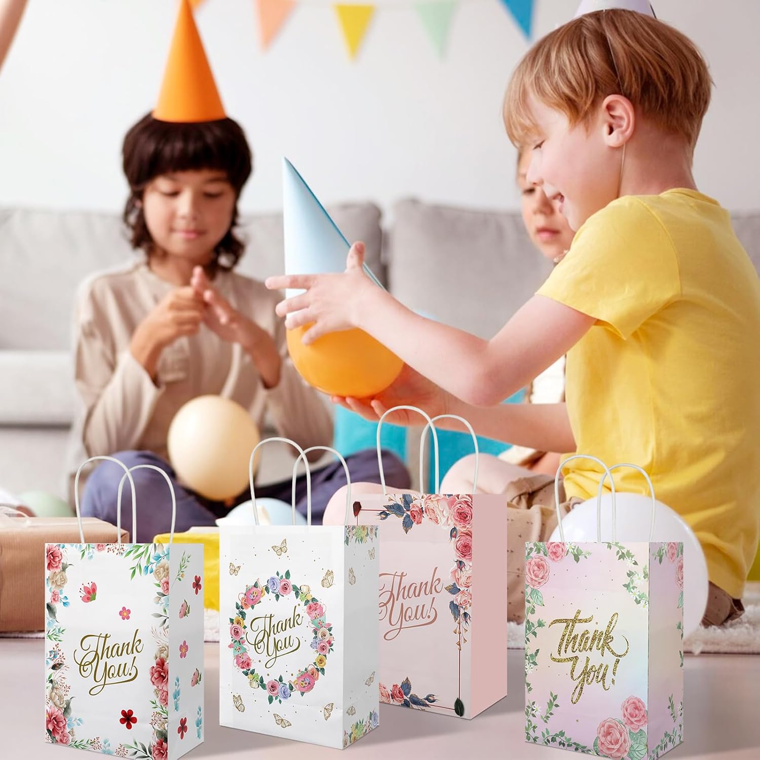 Ethanberg 20Pcs Thank You Gift Bags Floral Design with Handles, 8.2" x 5.8" x 3.15" Thank You Kraft Paper Bags for Business, Boutique, Wedding, Birthday, Party Return Favor - Image 7