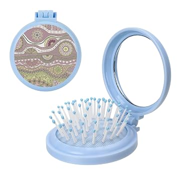 Pink Green Wave Stripe Round Folding Travel Hair Brush With Makeup Mirror, Small Travel Size Flip Hair Brush For Women, Small Compact Hairs Massage Comb Womens Handbag Essential For Purse Pocket Bag