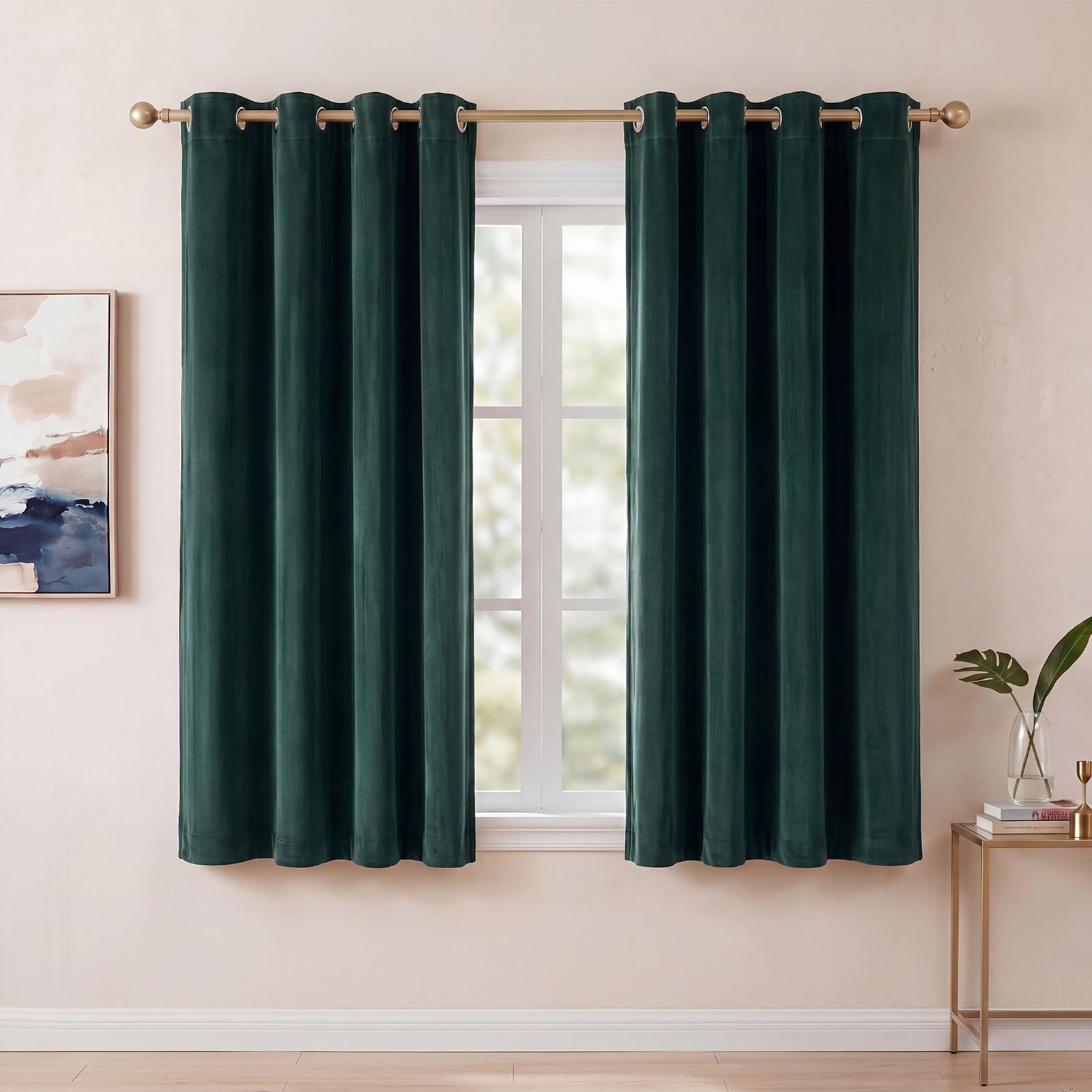 MARLOW Velvet Blackout Curtains for Bedroom & Living Room – 46x54 Inch Thermal Insulated Eyelet Curtains with Tie Backs – Room Darkening, Machine Washable, 2 Panels, Green