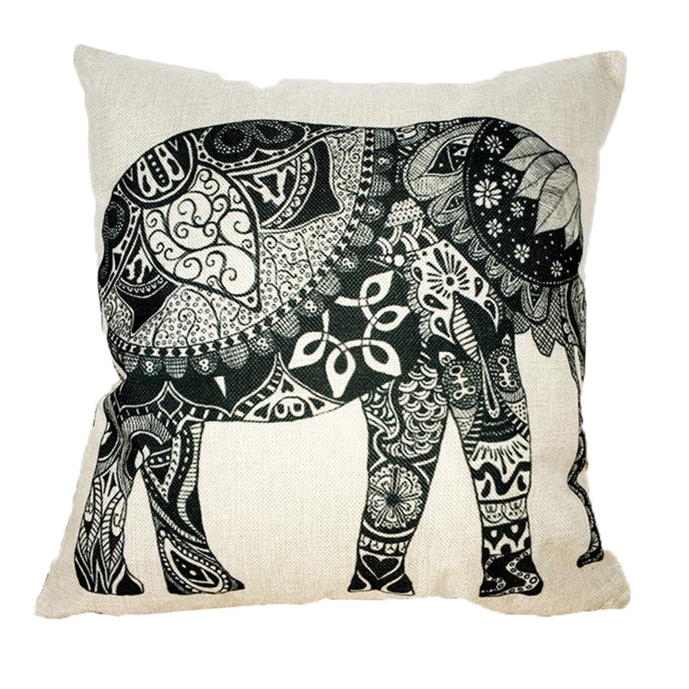 Art Color Painting Elephant Throw Pillow Simple Animal Sketch Cotton Cushion (Black and white walking No pillow core)
