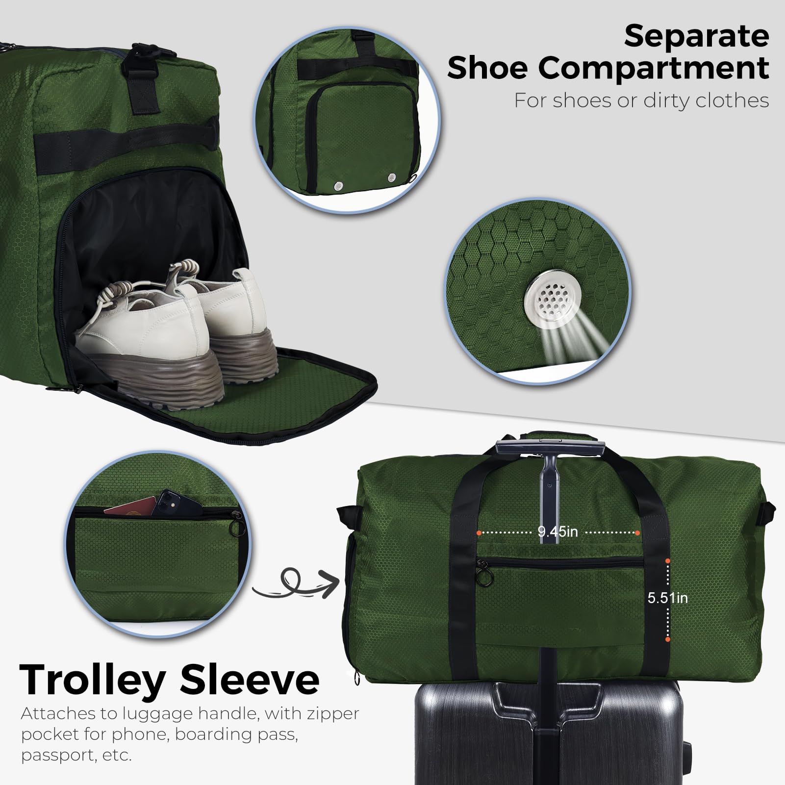 Fmeida Borsone da Viaggio 65L Pieghevole Borsone Palestra Grande Capacità Borsa Sportiva Impermeabile Borse da Viaggio Uomo Donna per Viaggi Campeggio Vacanza, Verde