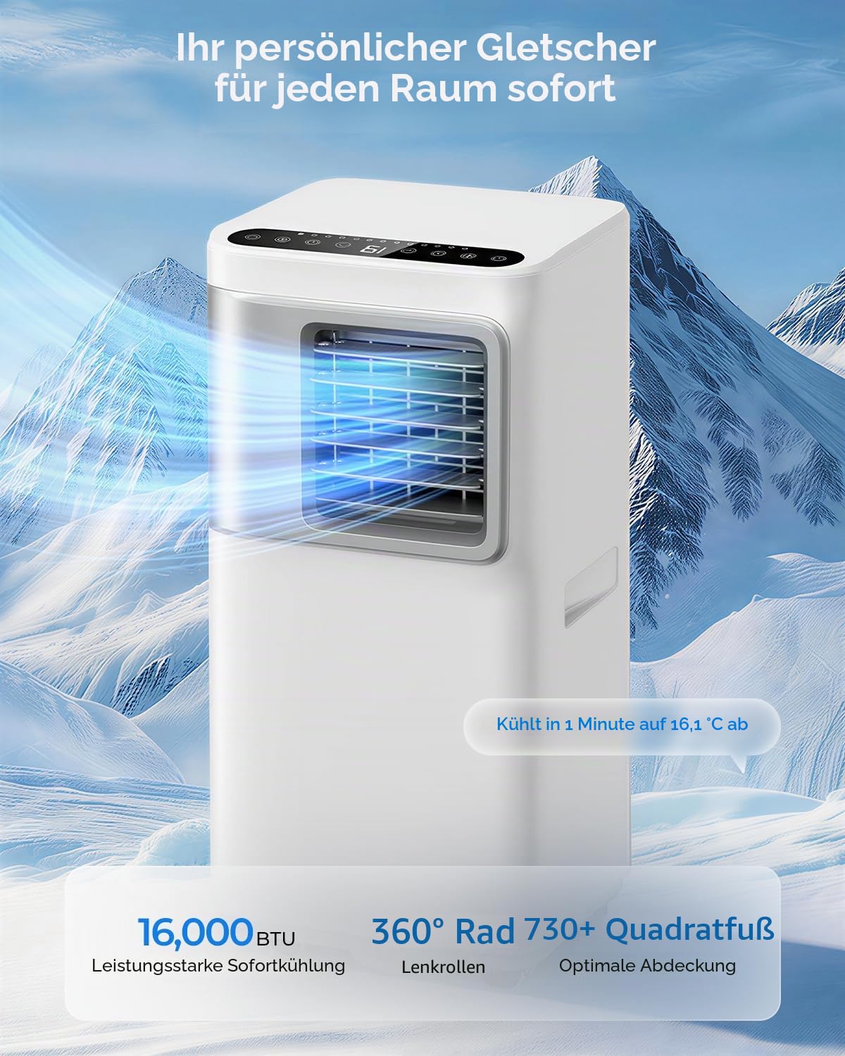 Tragbare Klimaanlage, 16.000 BTU für große Räume bis zu 750 m², 5-in-1 Smart AC-Gerät mit WiFi/Fernbedienung, schnelle Kühlung, Luftentfeuchter und