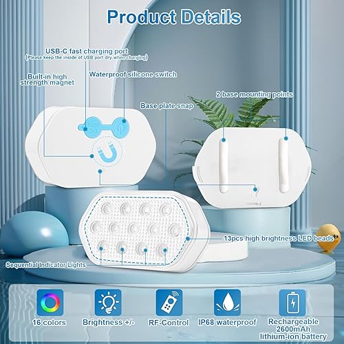 Miniatura 4 de Luces de piscina, luces LED sumergibles recargables, IP68, impermeable, 16 colores, luz flotante magnética con control remoto recargable, luz de
