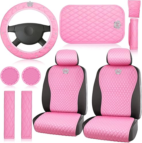 Tallew - Juego de accesorios rosas para automóvil, fundas para el asiento, volante y reposacabezas con almohadilla, portavasos y almohadillas para