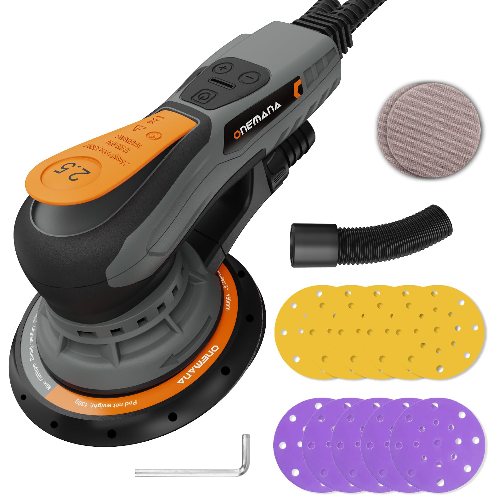 Exzenterschleifer 150 mm, Bürstenloser Exzenterschleifer, 350W Schleifmaschine mit 6 Drehzahlstufen 4000-10000 U/min, mit inkl. 12 Schleifblätter,Orbital Sander