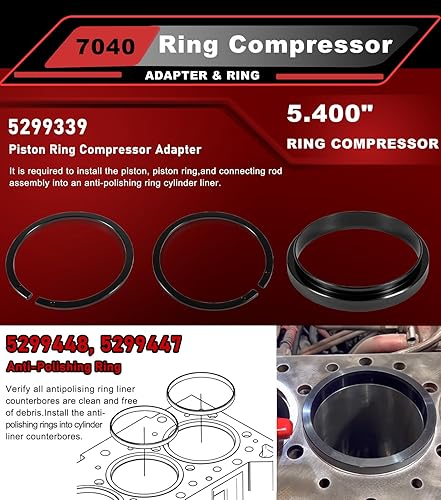 Miniatura 6 de 7040 Herramienta de compresor de anillo de pistón, adaptador de compresor de anillo de pistón y kit de anillo antipulido para Cummins ISX QSX 15