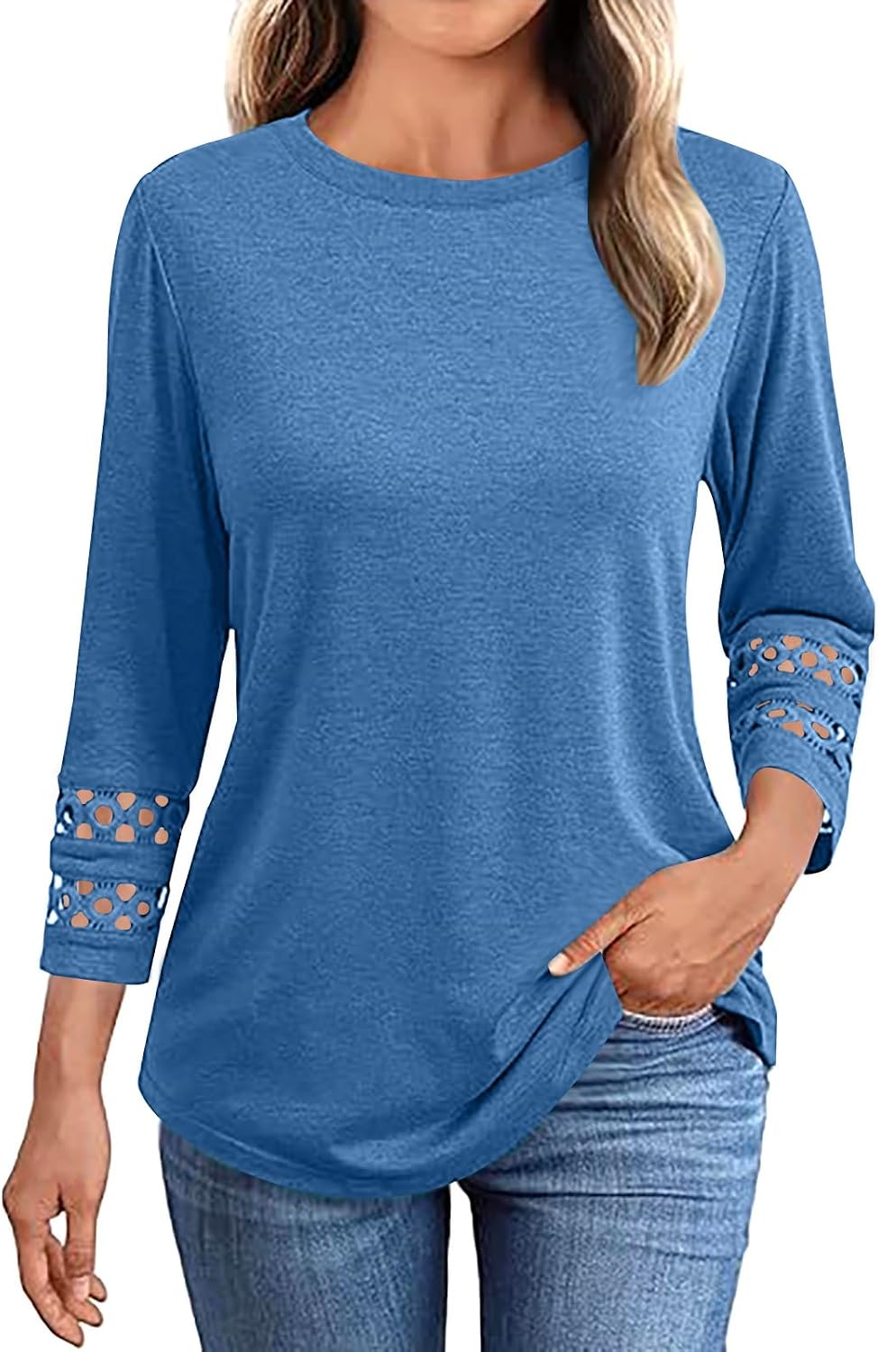 3/4 Length Sleeve Womens Tops Crewneck Lace Tunic Business Casual Dressy Blouses Summer Trendy Outfit