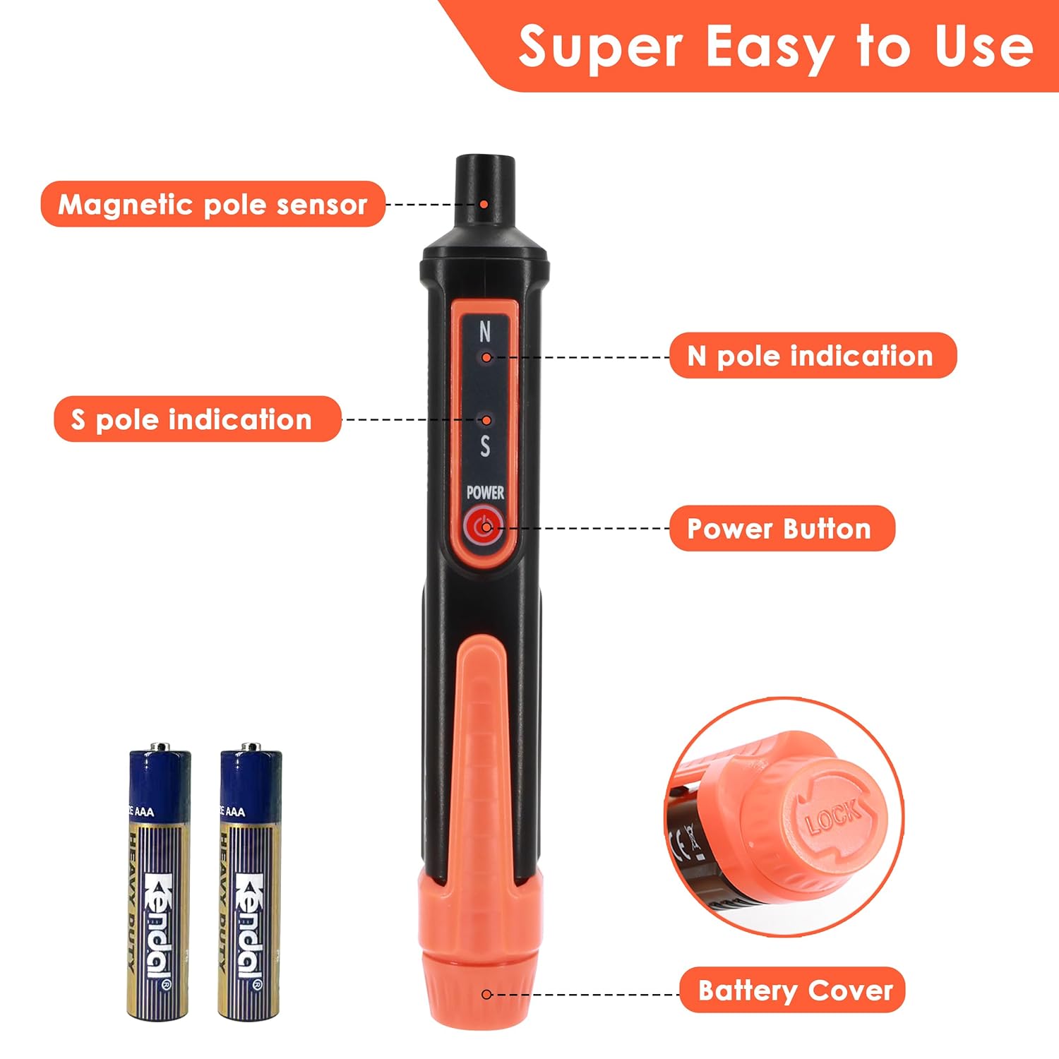 Magnetic Polarity Tester Pen, Fochanc Portable Magnet Detector, Instant N/S Pole Identification for Motor Repair, Science Projects, DIY & Therapy Magnets, Battery Included (Orange)
