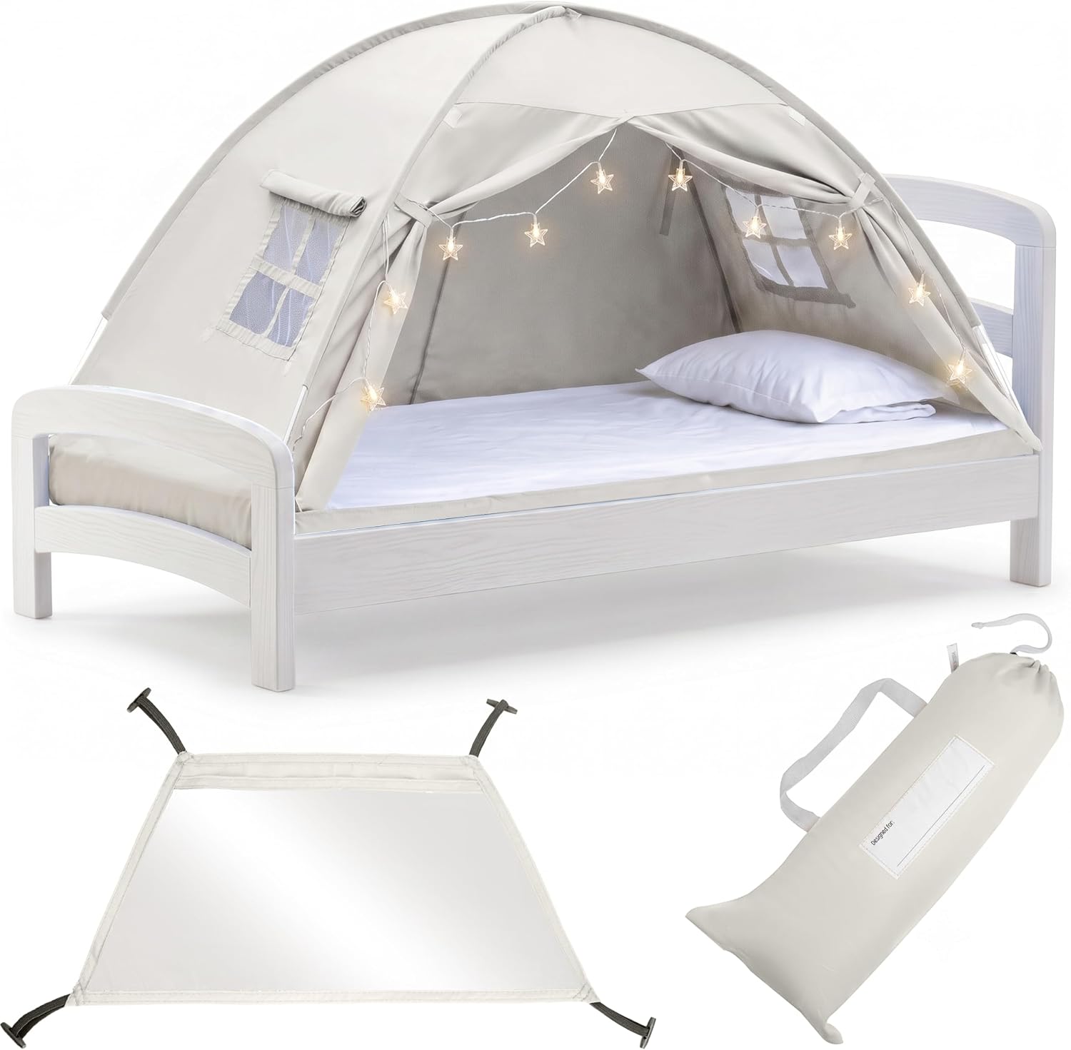 Beige Kids Bed Tent Twin Size, Pop Up Toddler Canopy and Play Fort