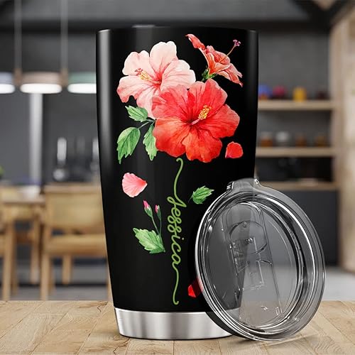 Vista 53 de CUBICER Vaso personalizado con aislamiento de lirio con tapa, nombre personalizado, regalos de Navidad para mujeres, amantes de las flores, vasos