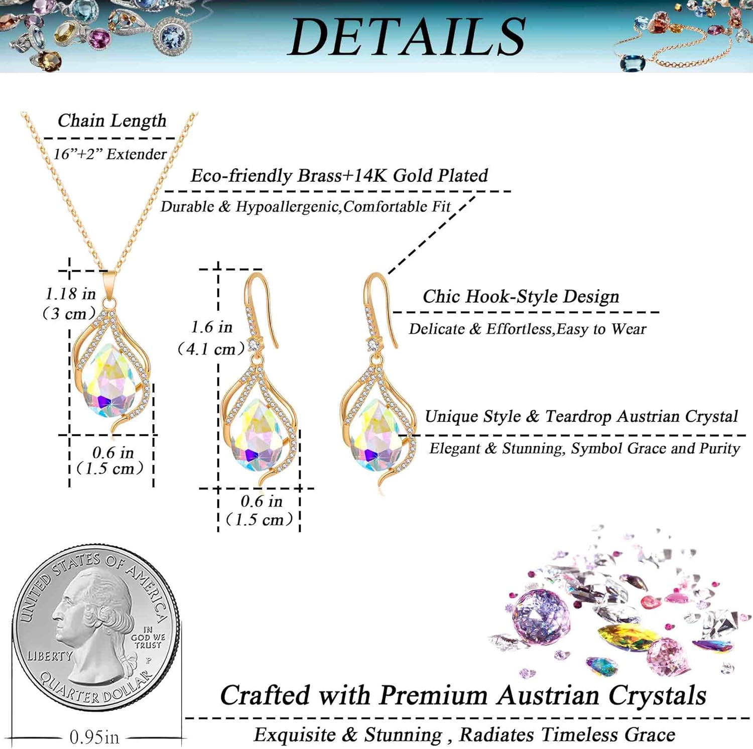 EVEVIC Austrian Crystals Teardrop Hollow Twisted Pendant Necklace Earrings for Women 14K Gold Plated Halo Drop Dangle Earrings Hypoallergenic Jewelry Set - Image 4