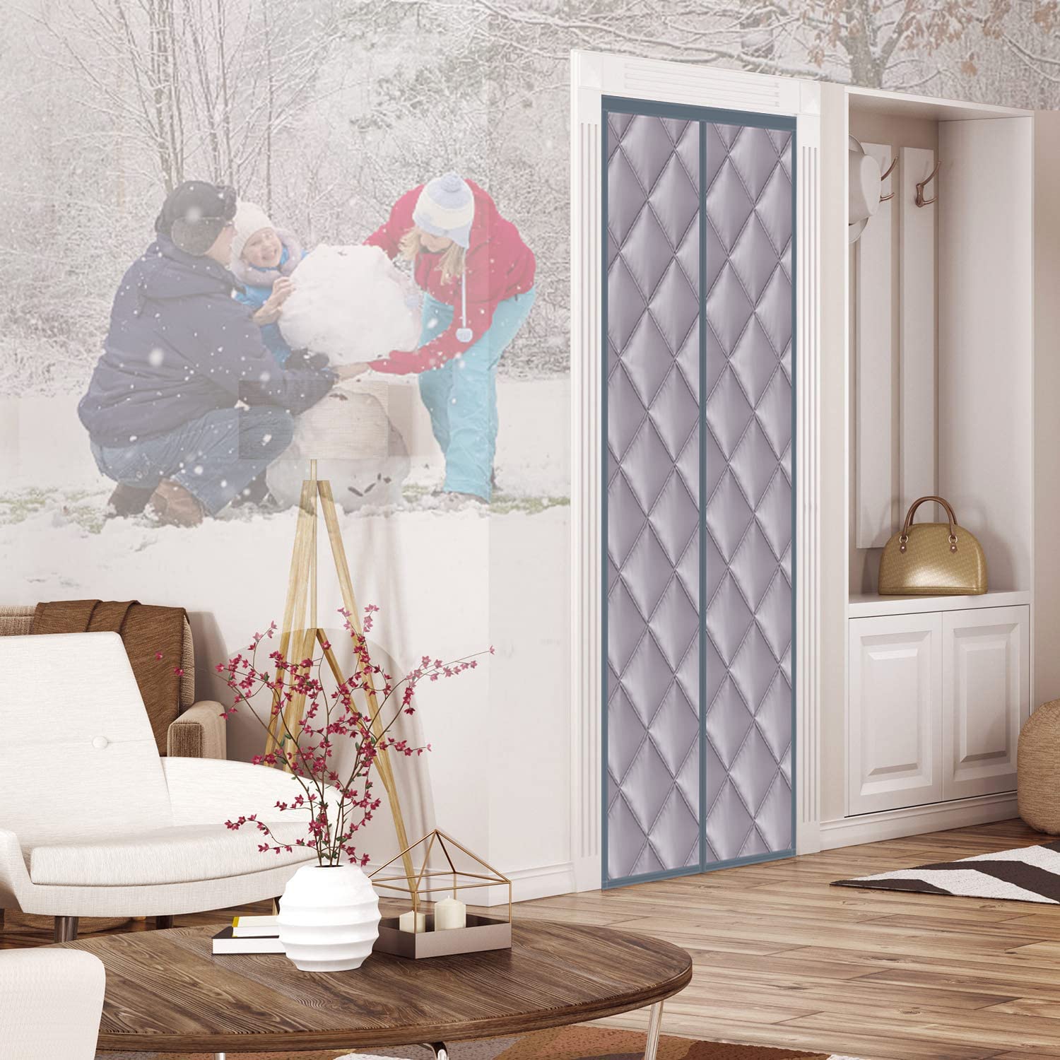 Redfire Wärmeschutzvorhang Magnet Thermo Türvorhang 110×220 cm, HäNde Frei Thermovorhang Kälteschutz Thermischisolierter Türvorhang Oxford-Tuch Volle GrößE für Kinderzimmer,Grau