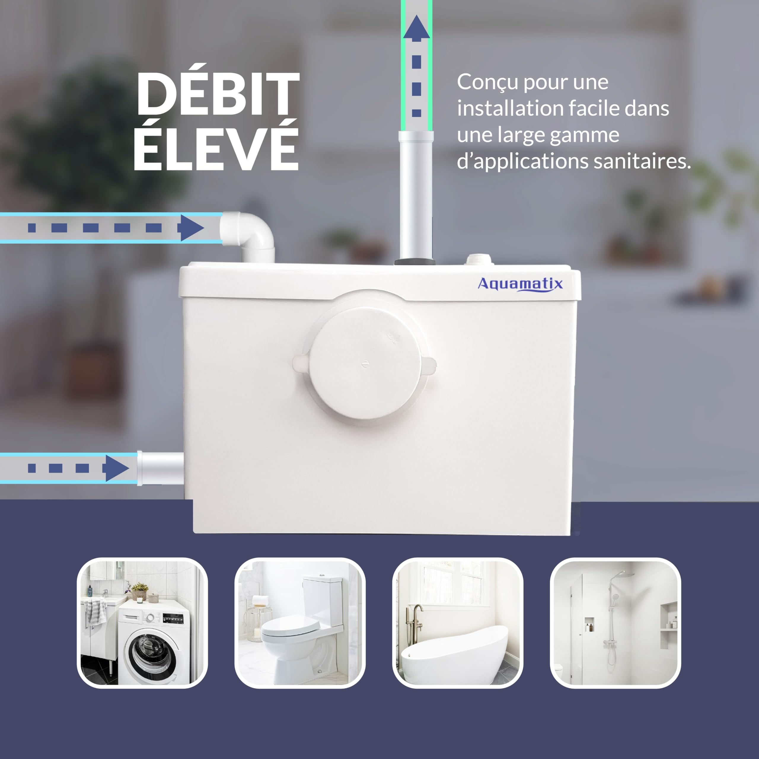 Aquamatix station de relevage compacte 600 W avec broyeur, pompe pour eaux usées jusqu’à 10 m de hauteur de refoulement, avec 3 entrées, pour WC, douche et lavabo