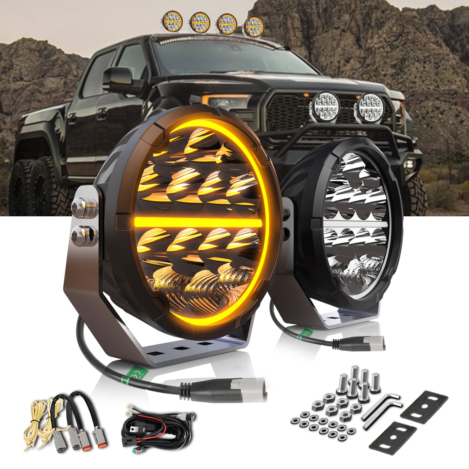 Braveway Phare De Travail Led 6,5 Pouces 2PCS 120W Avec Blanc Et Ambre DRL, Spot Reflective Hybrid 20000LM Longue Portée Led for 4x4 Trucks, Utvs, Atvs, Vans, Tractors, Wiring Harness Kit