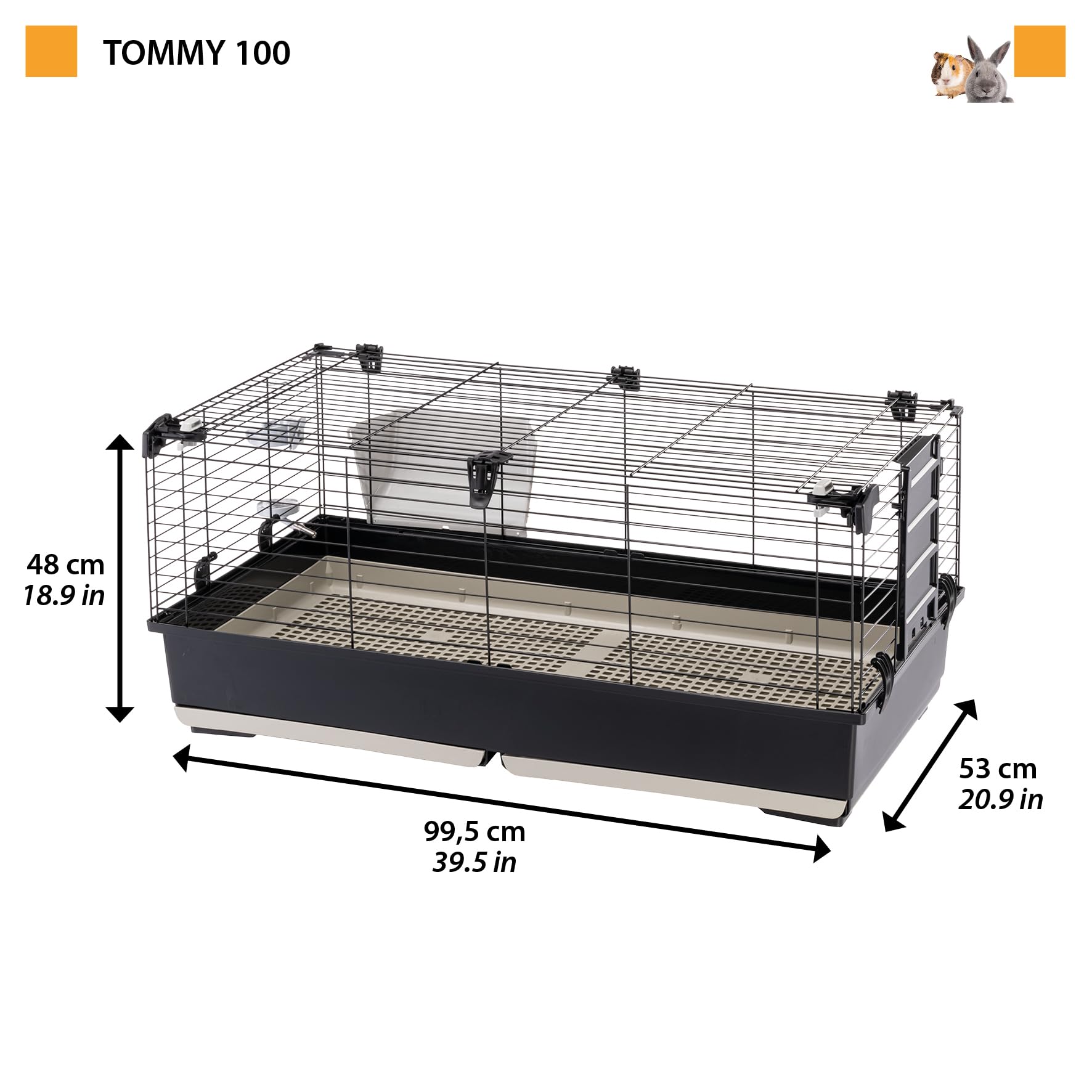 Ferplast Gabbia per Conigli TOMMY 100, Coniglio, Porcellino d'india, Conigliera con Griglia e Abbeveratoio Conigli, 99,5 x 53 x h 48 cm, Tetto Apribile, in Metallo Verniciato e Plastica