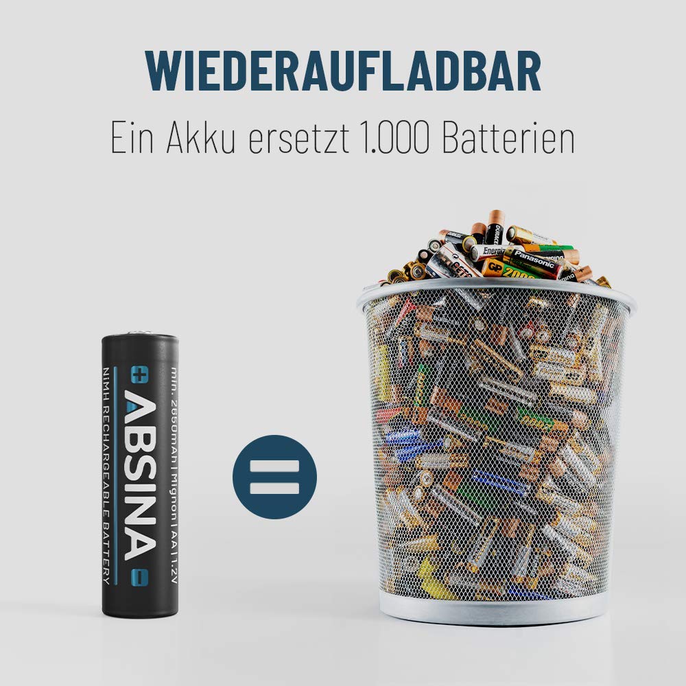 ABSINA Akumulator AA Mignon 2900-32x NiMH do ponownego ładowania bateria AA z min. 2650 mAh & 1,2 V – akumulatory AA do urządzeń o dużym zużyciu energii - baterie AA idealne do lampy błyskowej, Wii & Xbox Controller | Zestaw 32 baterii AA do urządzeń o wy
