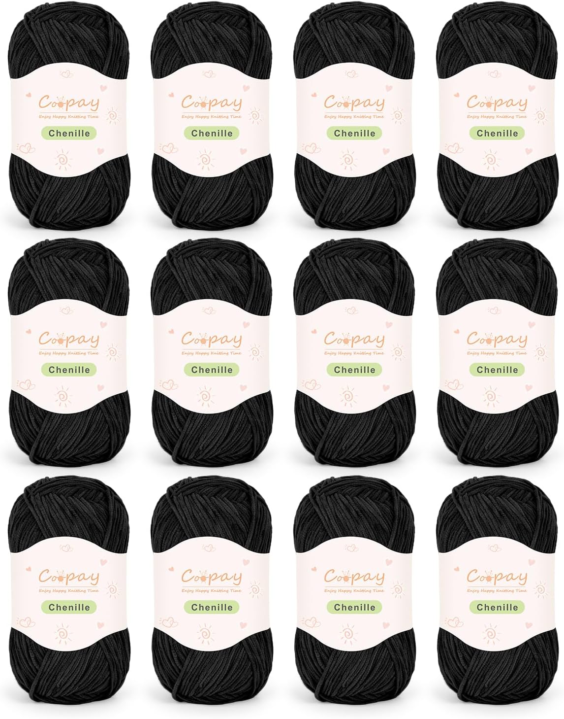 Coopay Skinny Chenille Yarn for Crocheting and Knitting, 12 Pack of 50g/1.76oz - 1764yd Total, Crochet Yarn of Light Weights - Suitable for Baby Blankets, Plush Toys, Garments - Super Soft (Black)