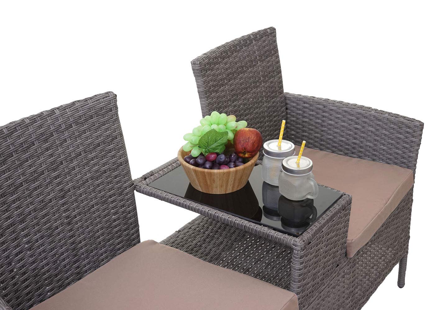 Mendler Poly-Rattan Sitzbank mit Tisch HWC-E24, Gartenbank Sitzgruppe Gartensofa, 132cm - grau, Kissen Creme