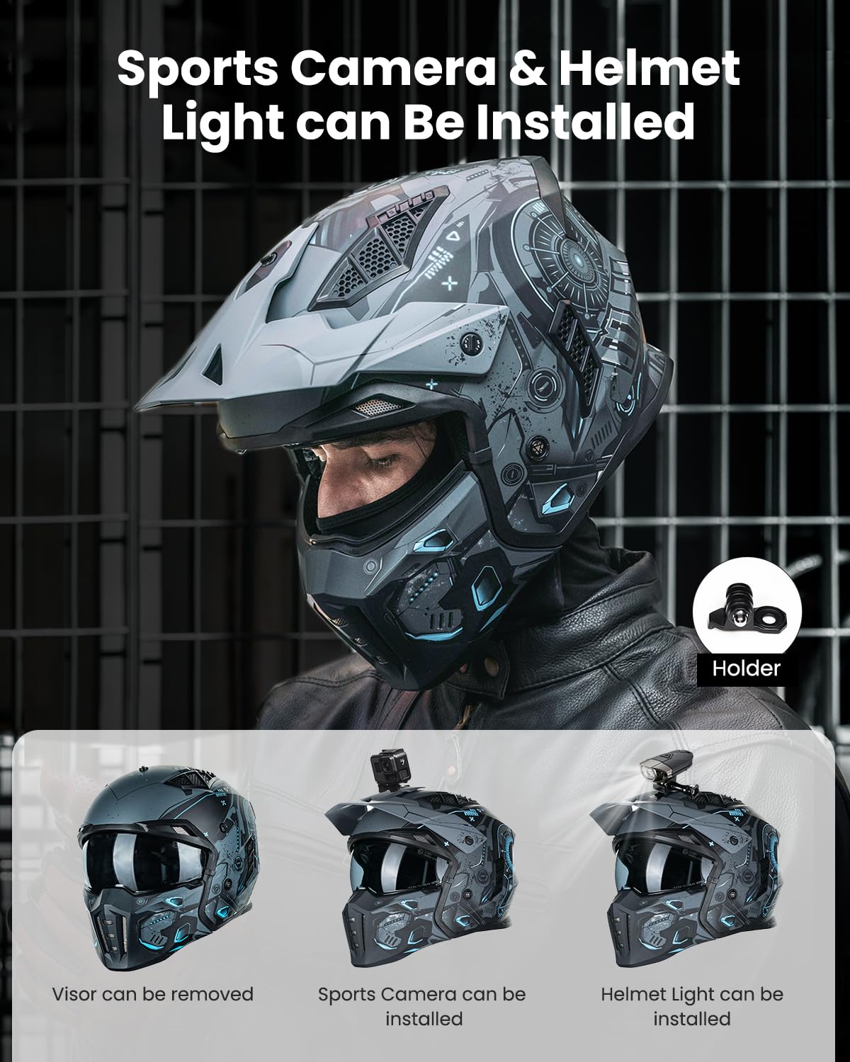 ILM Helm Motorrad Motocross Herren Damen Vintage Retro mit Visier ECE Model Z302,SciFiBlau,M