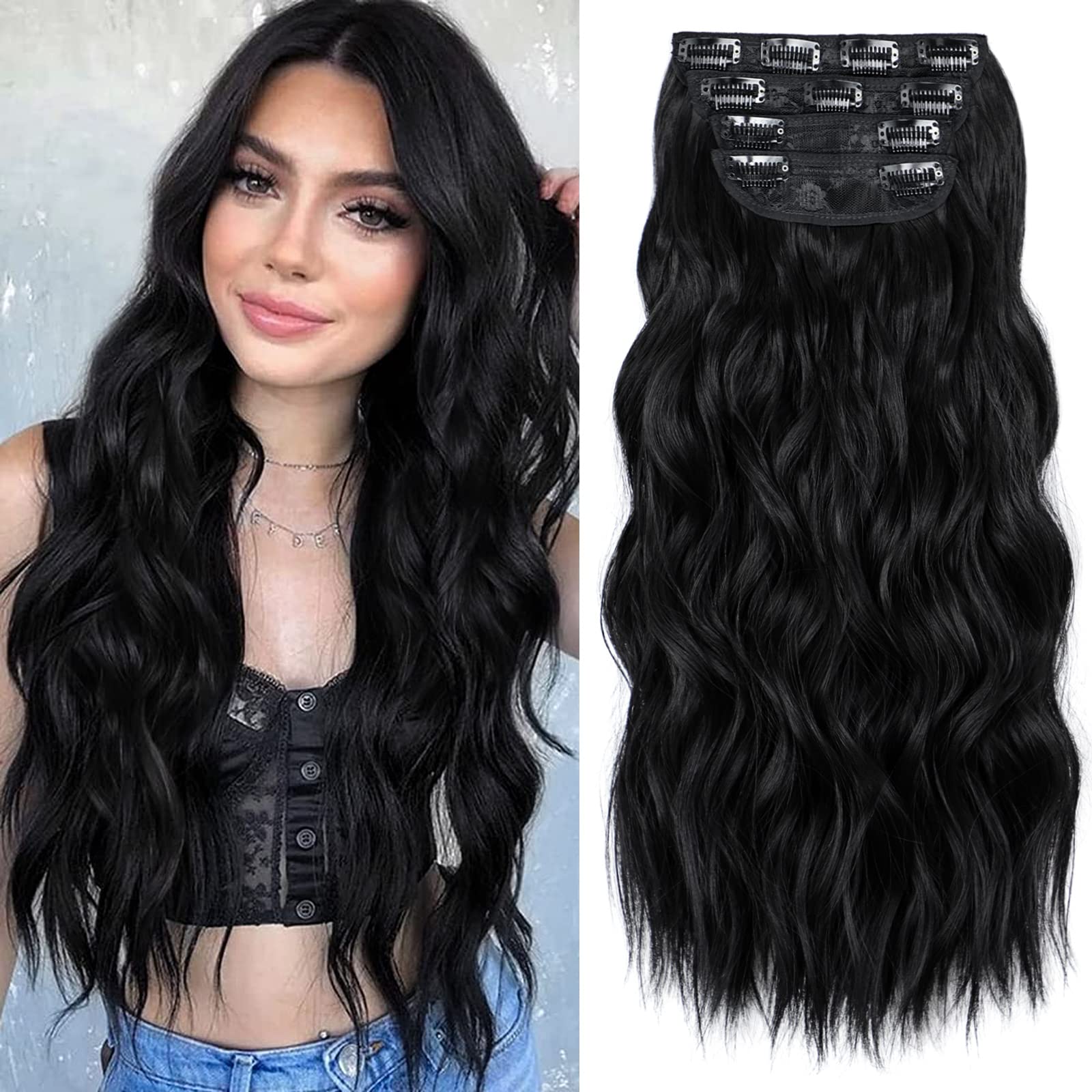 ALXNAN Clip in Hair Extension,Long Wavy Hair Extensions 20 Inch Black 4PCS Thick Hairpieces for Women