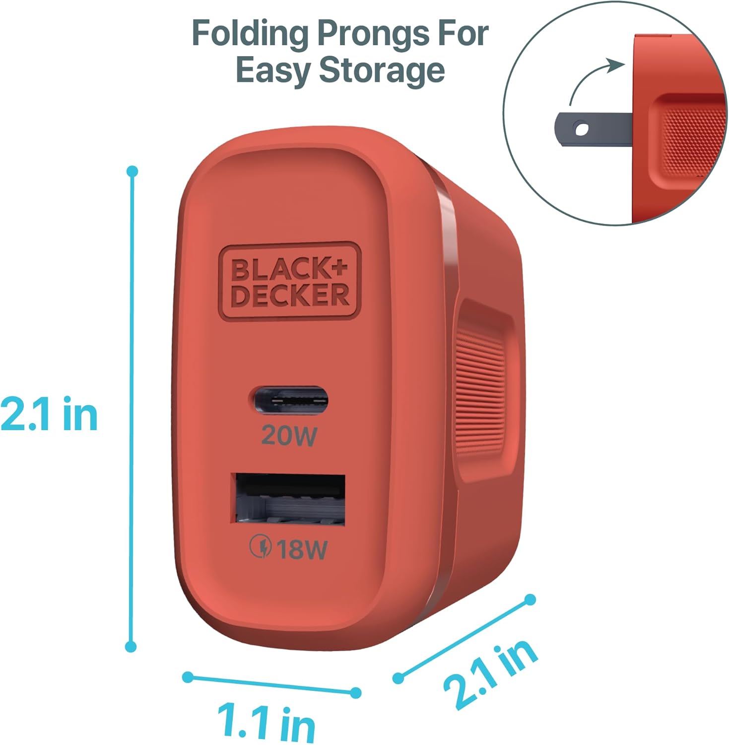 BLACK+DECKER Quick-Charge PD Wall Charger, 2-Port, 38W - USB & Type C Wall Plug - Compact Power Block USB C - Fast Charger Adapter Power Delivery & Qualcomm QC 3.0 - Perfect for Home, Office, Travel