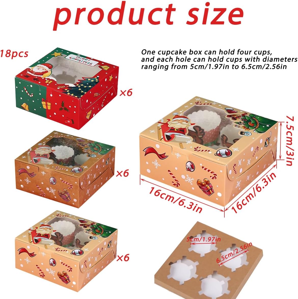 18 Pack Christmas Cupcake Boxes Festive Adorable Holiday Design Bakery Treat Packaging for Gift Giving Parties Desserts Muffins Pastries Tarts Convenient 4 Count Sweet Treat Container