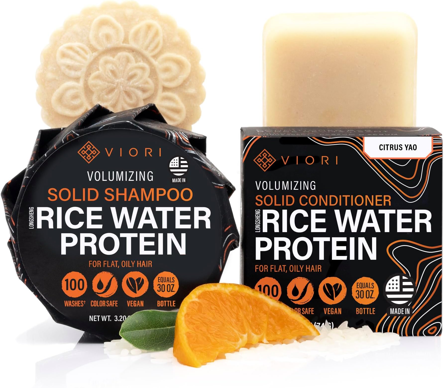 Viori Citrus Yao Shampoo and Conditioner Bar Set Made with Rice Water - Handcrafted Sulfate Free Shampoo and Conditioner