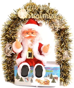 HAO 10inch Merry Christmas Wreath with Electric Santa Claus Doll, Fun Music Creative Christmas Wreaths for Front Door Wall Windows Artificial Xmas Decoration and Indoor Ornament Gold