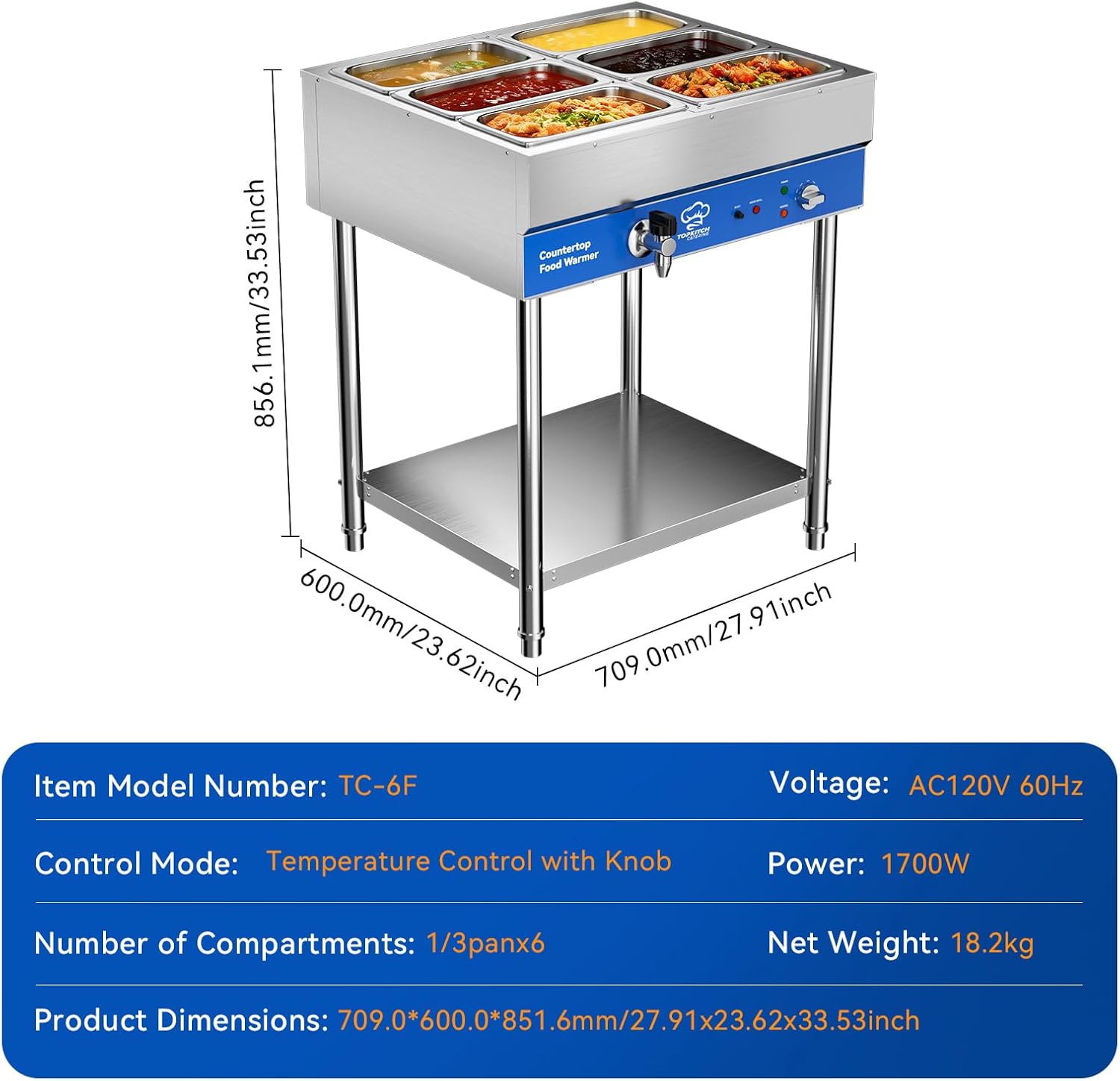 ETL Listed 6-Pan Commercial Food Warmer, Electric Steam Table, 120V 1700W Stainless Steel Buffet Catering Food Warmer with Undershelf and Workspace, for Restaurant.
