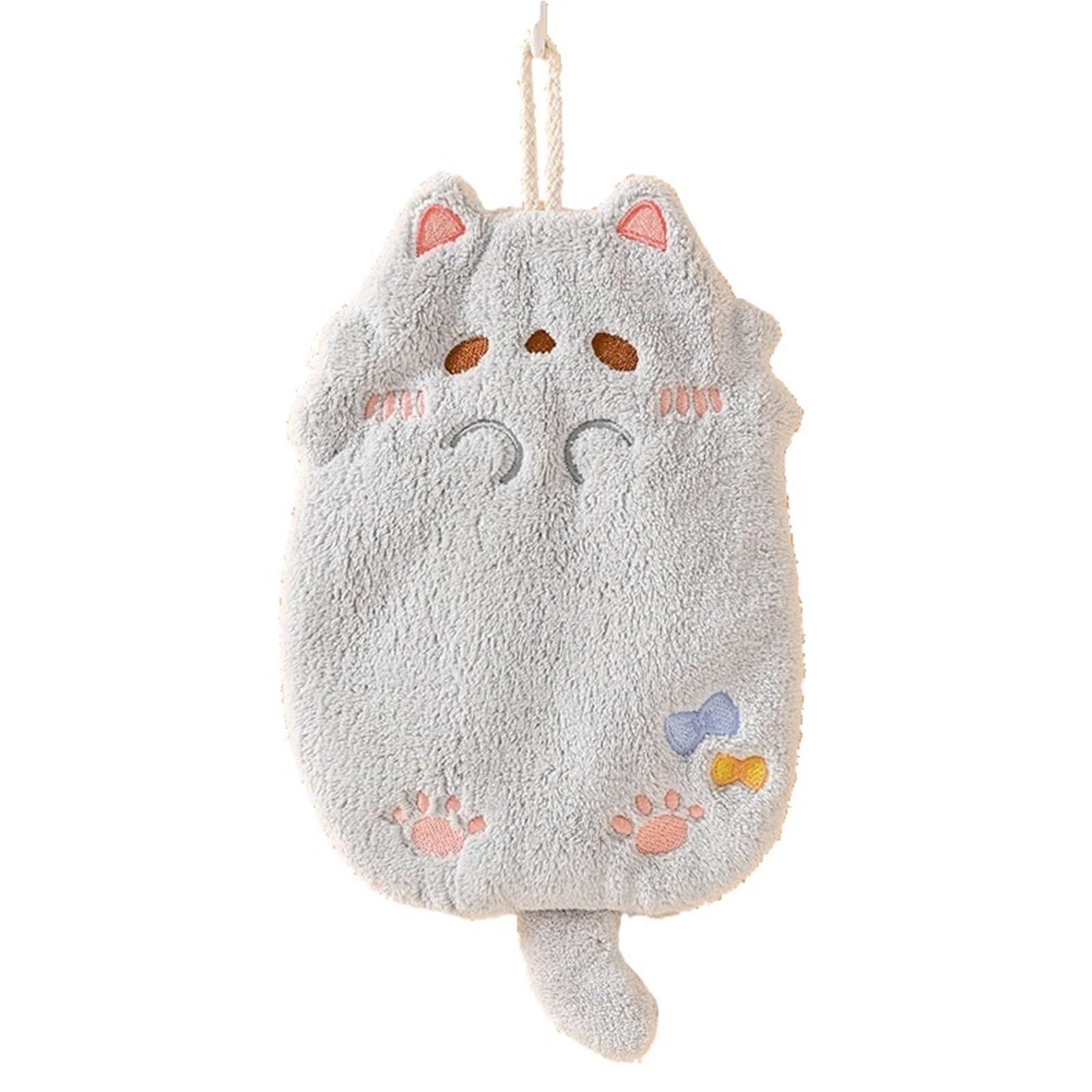 PPdingding 2pcs Cute Cartoon Cat Hanging Hand Towel - Soft Coral Fleece, Absorbent Kitchen & Bathroom Towels(Grey)