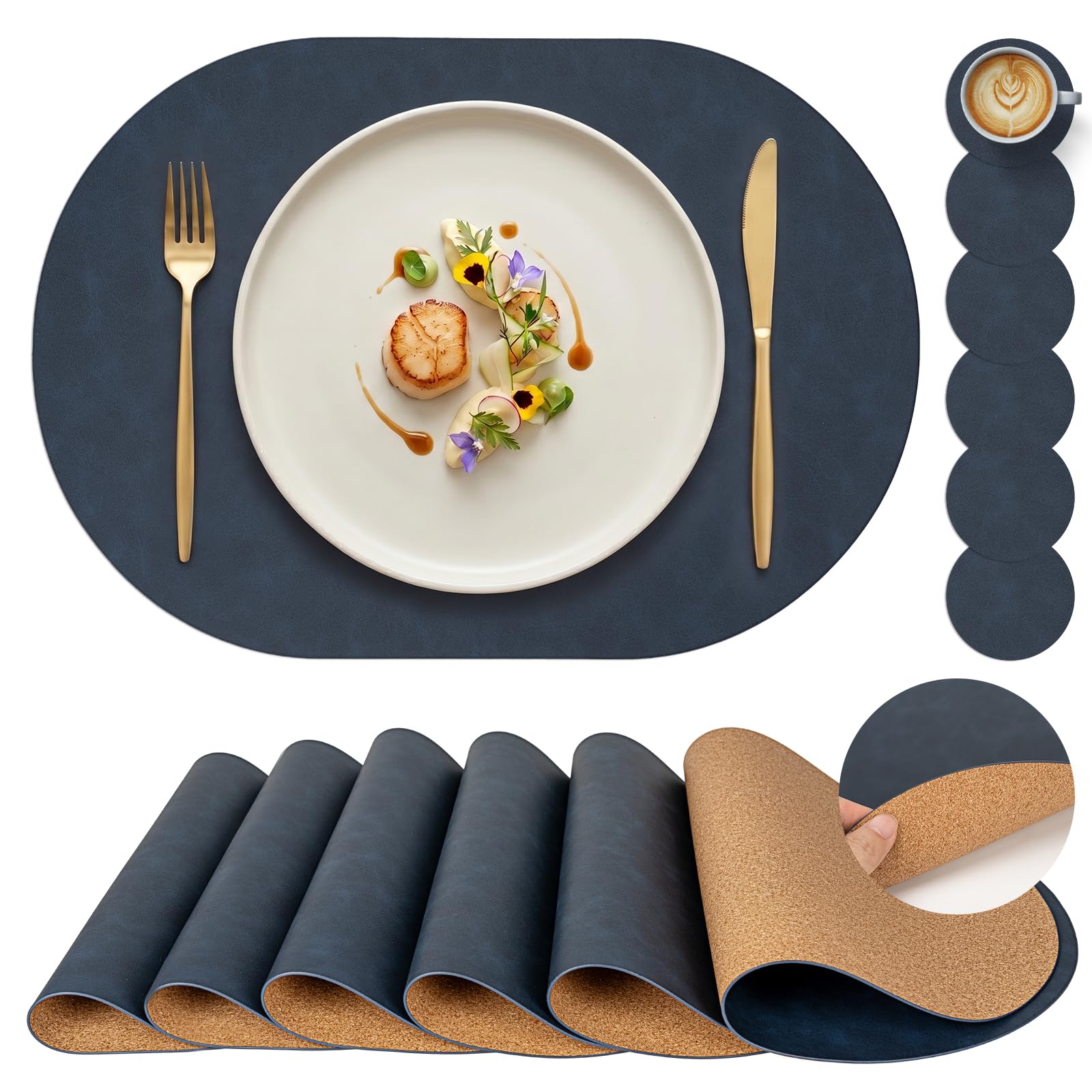 PROMATTOO Premium Oval Faux Leather Placemats with Coasters, Set of 4/6 Dining Table Mats, Cork-Effect Non-Slip Backing, Heat-Resistant Wipe-Clean Place Mats for Dinner, Coffee and Home Decor