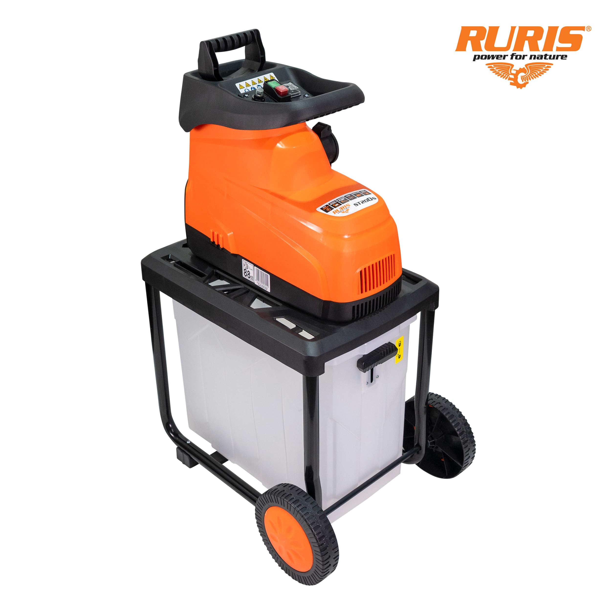 RURIS ST200s Broyeur de Végétaux Électrique 2800W 45 mm Bac 60L | Se verrouille automatiquement au bac de 60 L fermé pour une sécurité maximale